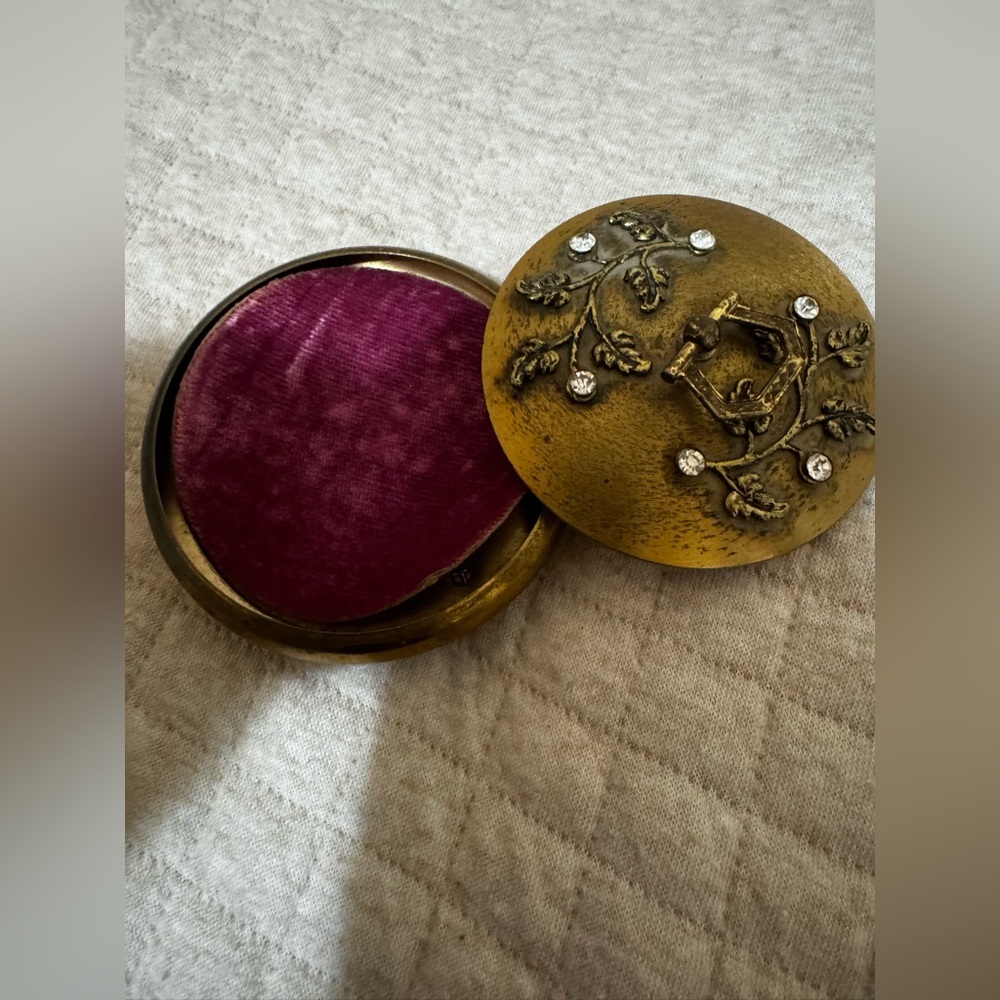 Vintage Brass Round Trinket Box with Velvet Interior - Burgundy